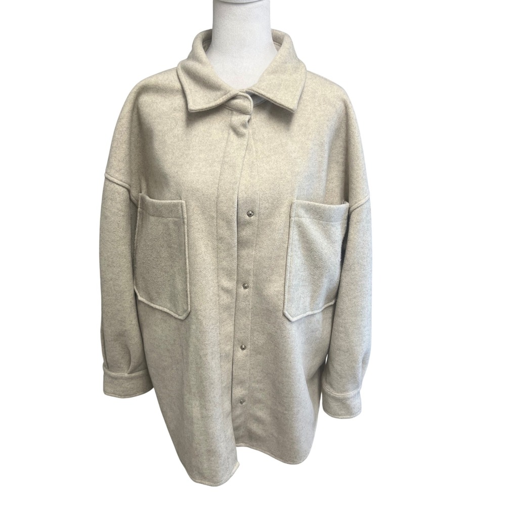 MEROKEETY Shacket Womens Sz L Beige Oversized Wool Blend Snap Front Jacket Coat